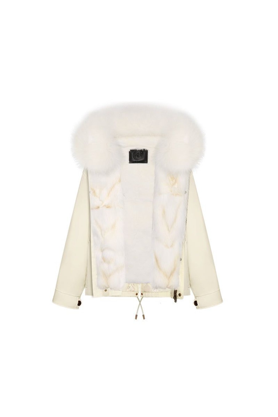 OZLANA Classic & Designer Parkas | Cream Whiteshort Oversize Parka+White Snow Fox