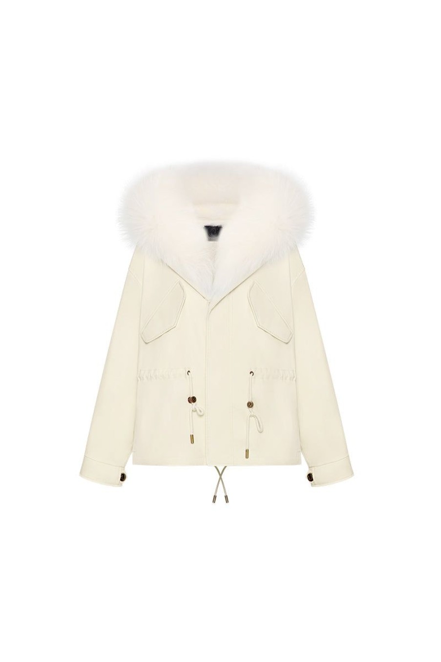 OZLANA Classic & Designer Parkas | Cream Whiteshort Oversize Parka+White Snow Fox