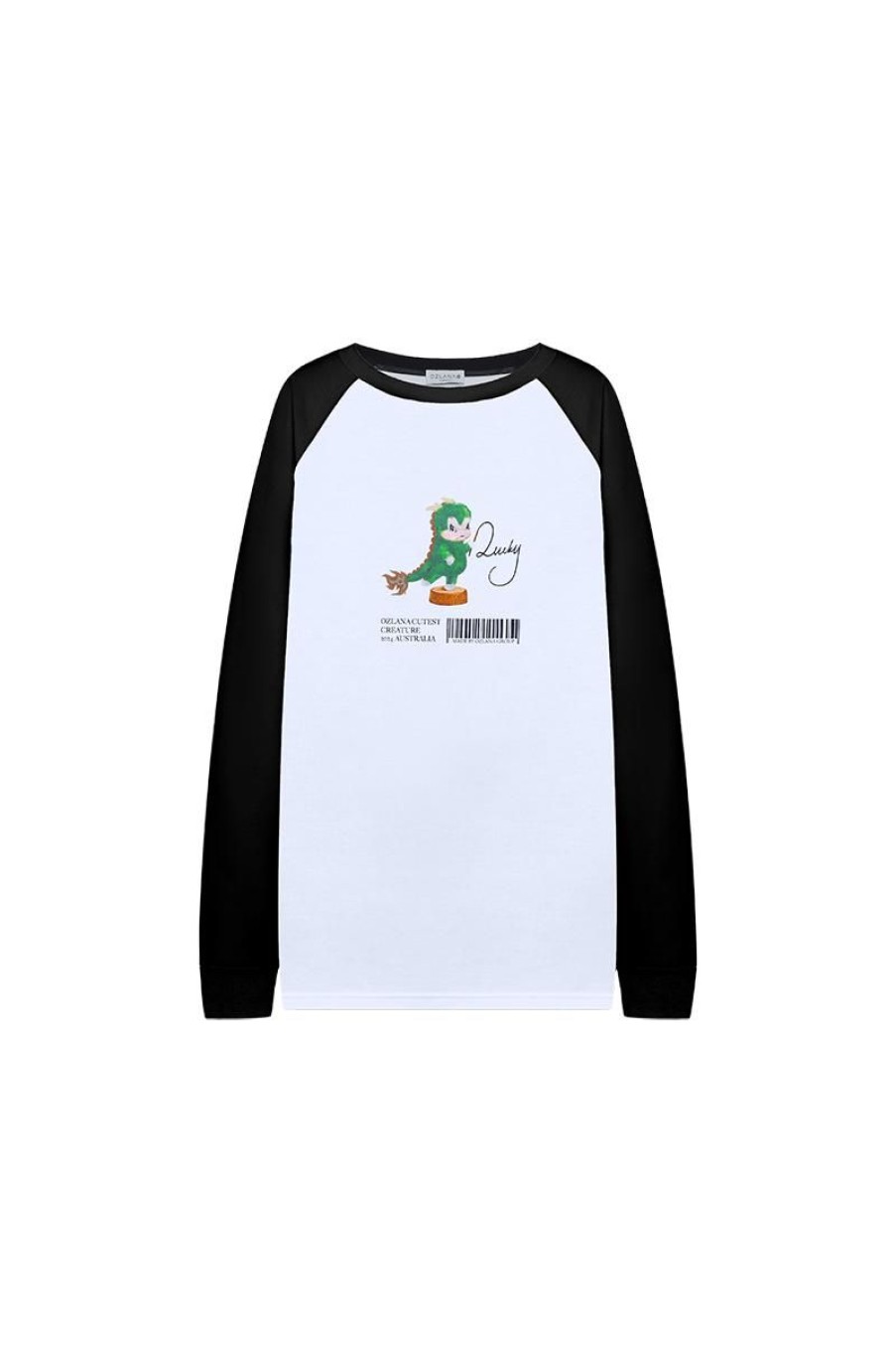 OZLANA Tops | Crewneck Dragon Printsweatshirt (White+Black)