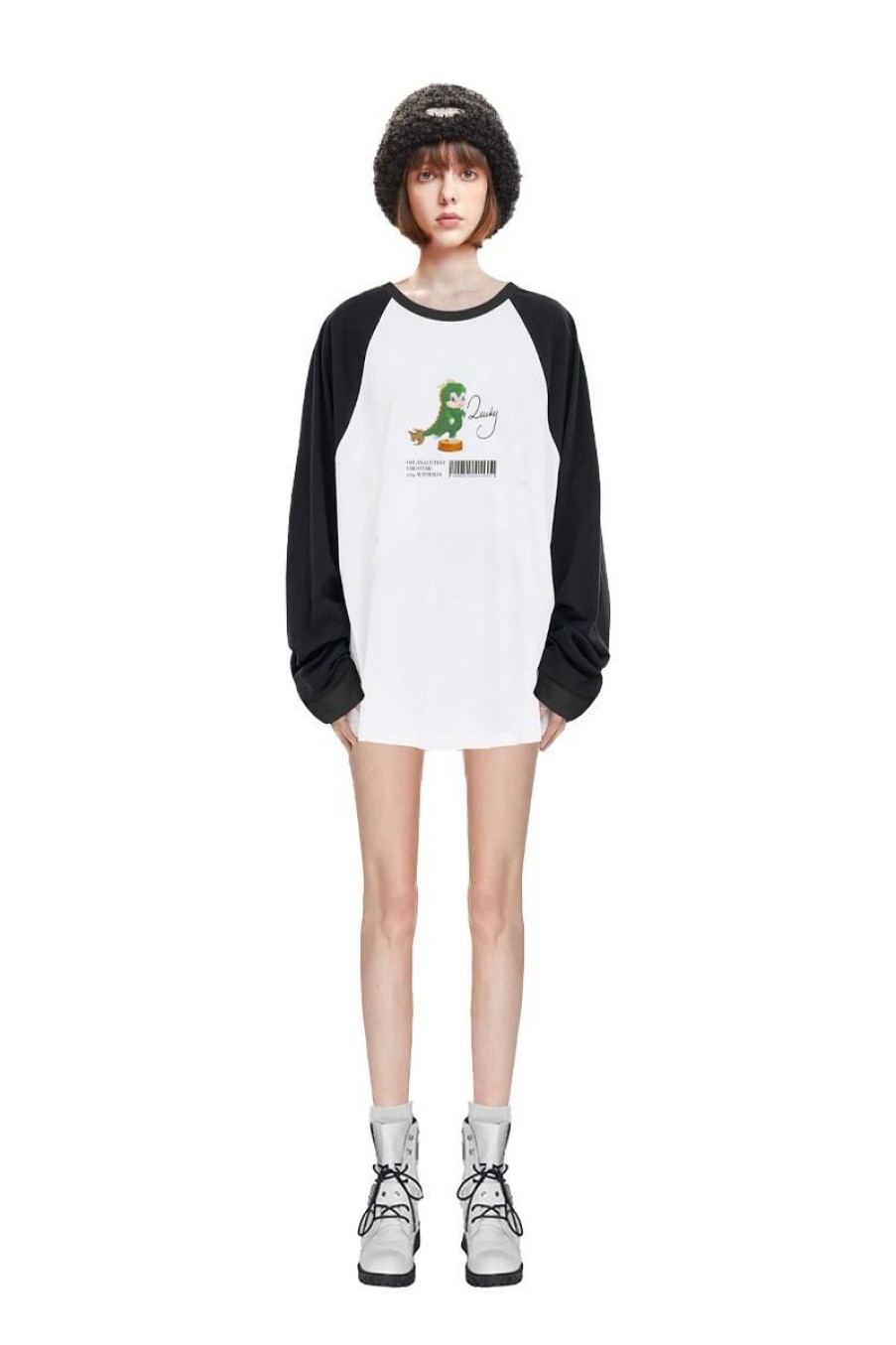 OZLANA Tops | Crewneck Dragon Printsweatshirt (White+Black)