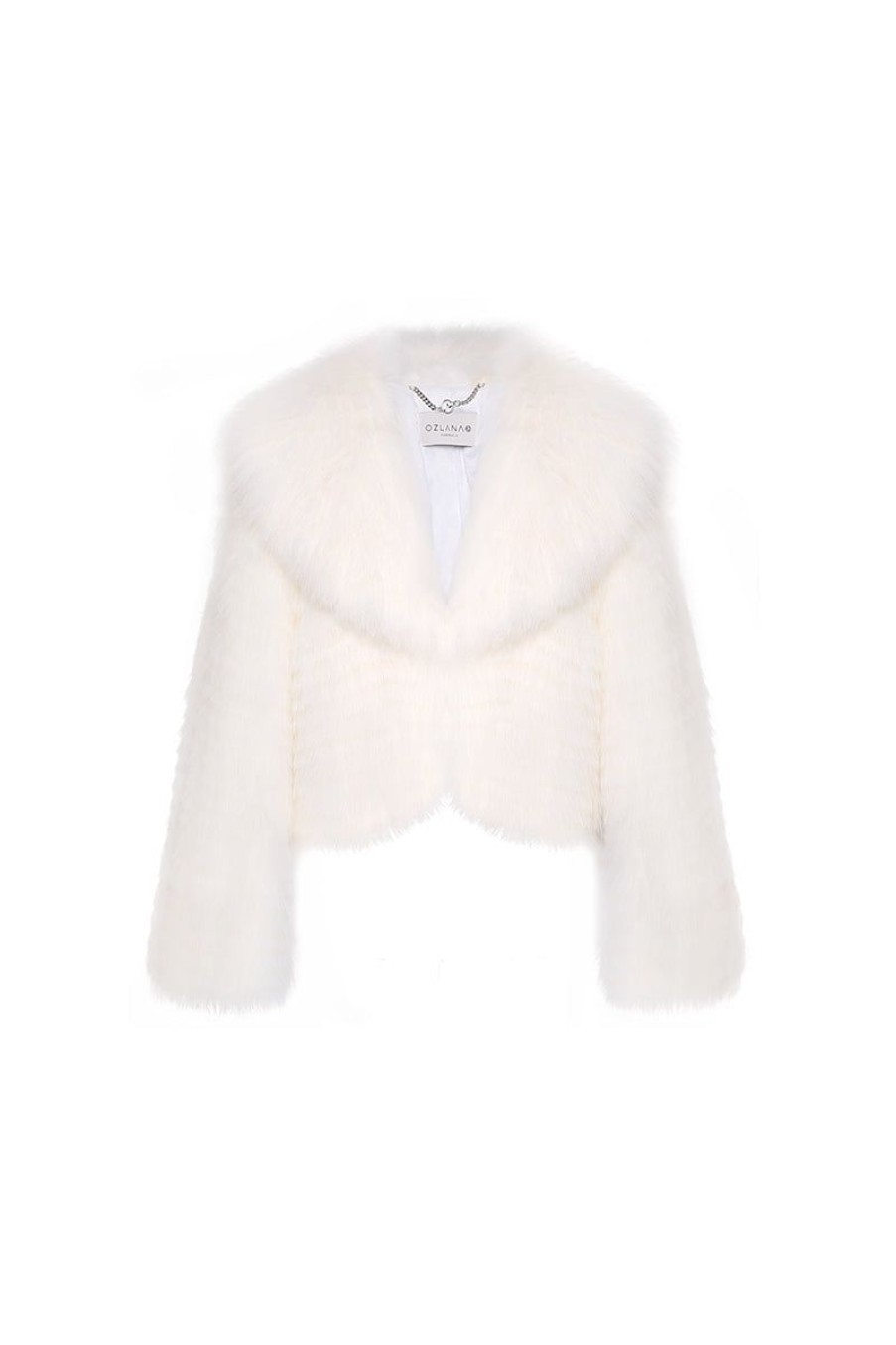 OZLANA Full Fur Jackets | Arc Cropped Wide Lapel Fox Fur Jacket (Cream)