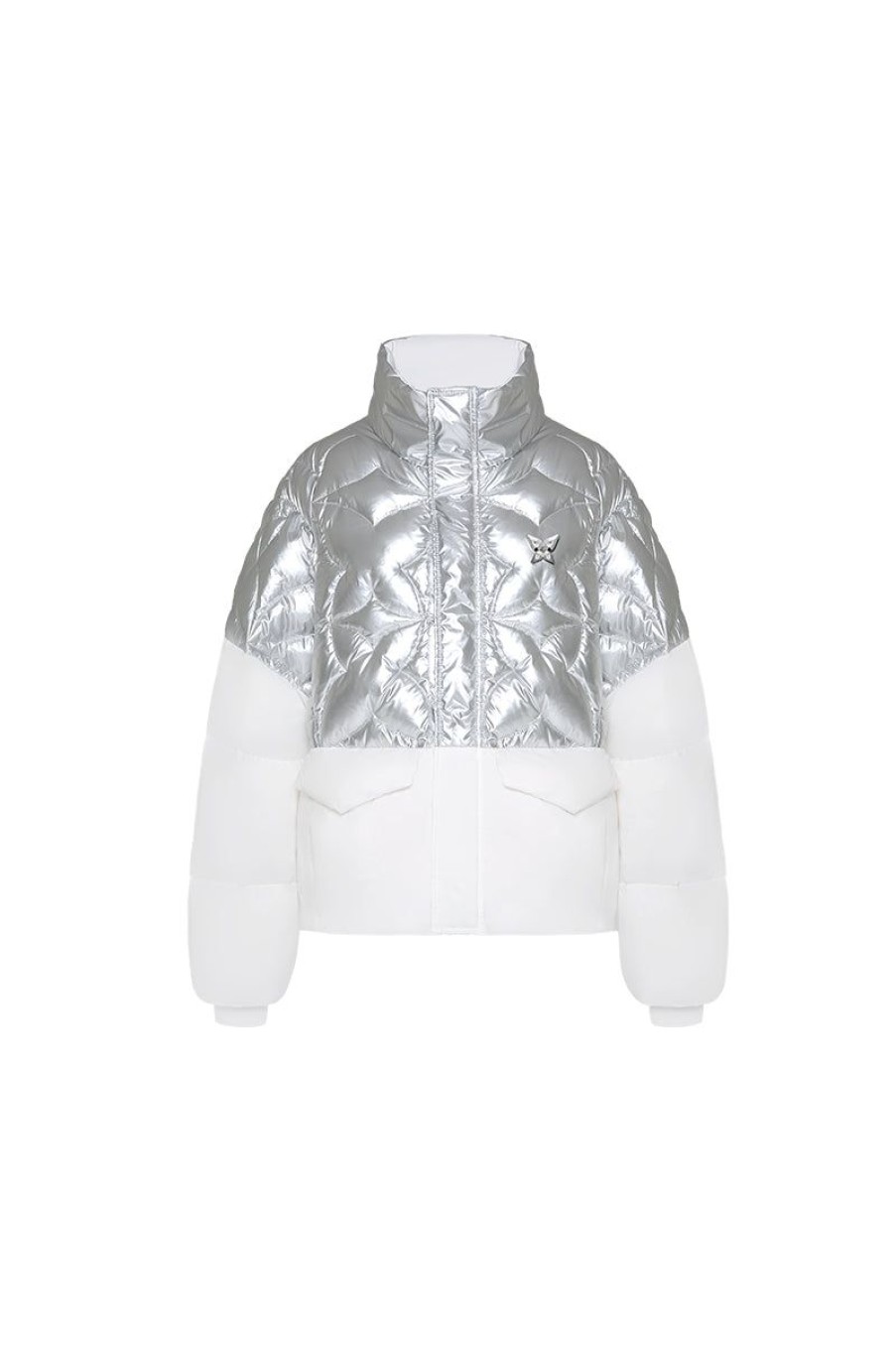 OZLANA Down Puffer Jackets | Ice Land Colour Contrastdown Cropped Jacket(Silver)