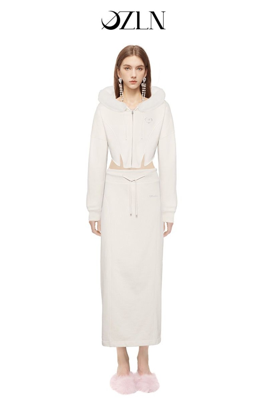 OZLANA Tops | Ozln Heart Rose Hoodie Sweat Suit Maxi Skirt Set(Cream)