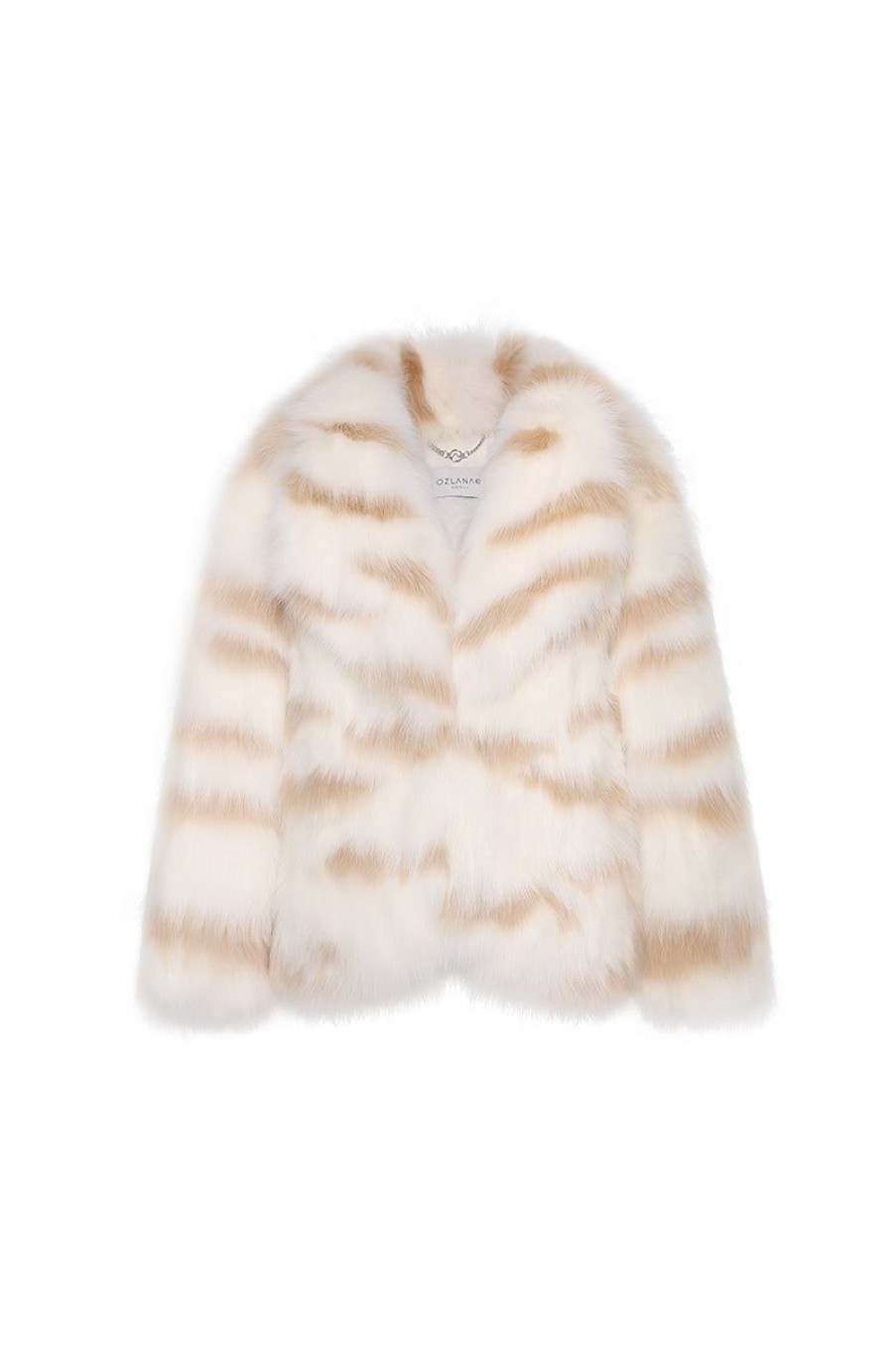 OZLANA Omniverse: Milan Runway Collection | Zebra Wide Lapel Racoon Fur Jacket(Cream)