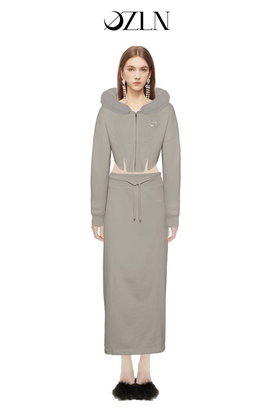 OZLANA Ozln | Ozln Heart Rose Hoodie Sweat Suit Maxi Skirt Set(Grey)