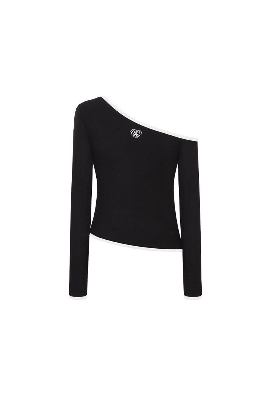 OZLANA Ozln | Ozln Slant Off Shoulder Knit Top(Black)