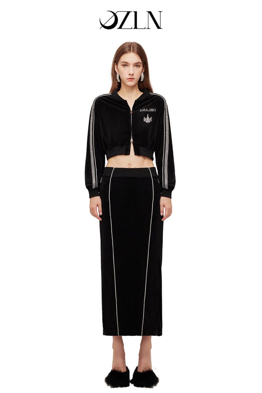 OZLANA Matching Sets | Ozln O Club Baseball Sweat Suit Midi Skirt Set(Black)