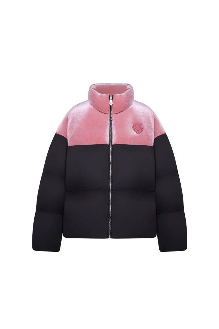 OZLANA Down Puffer Jackets | Melting Rose Heart Contrast Casual Puffer Jacket(Pink+Black)