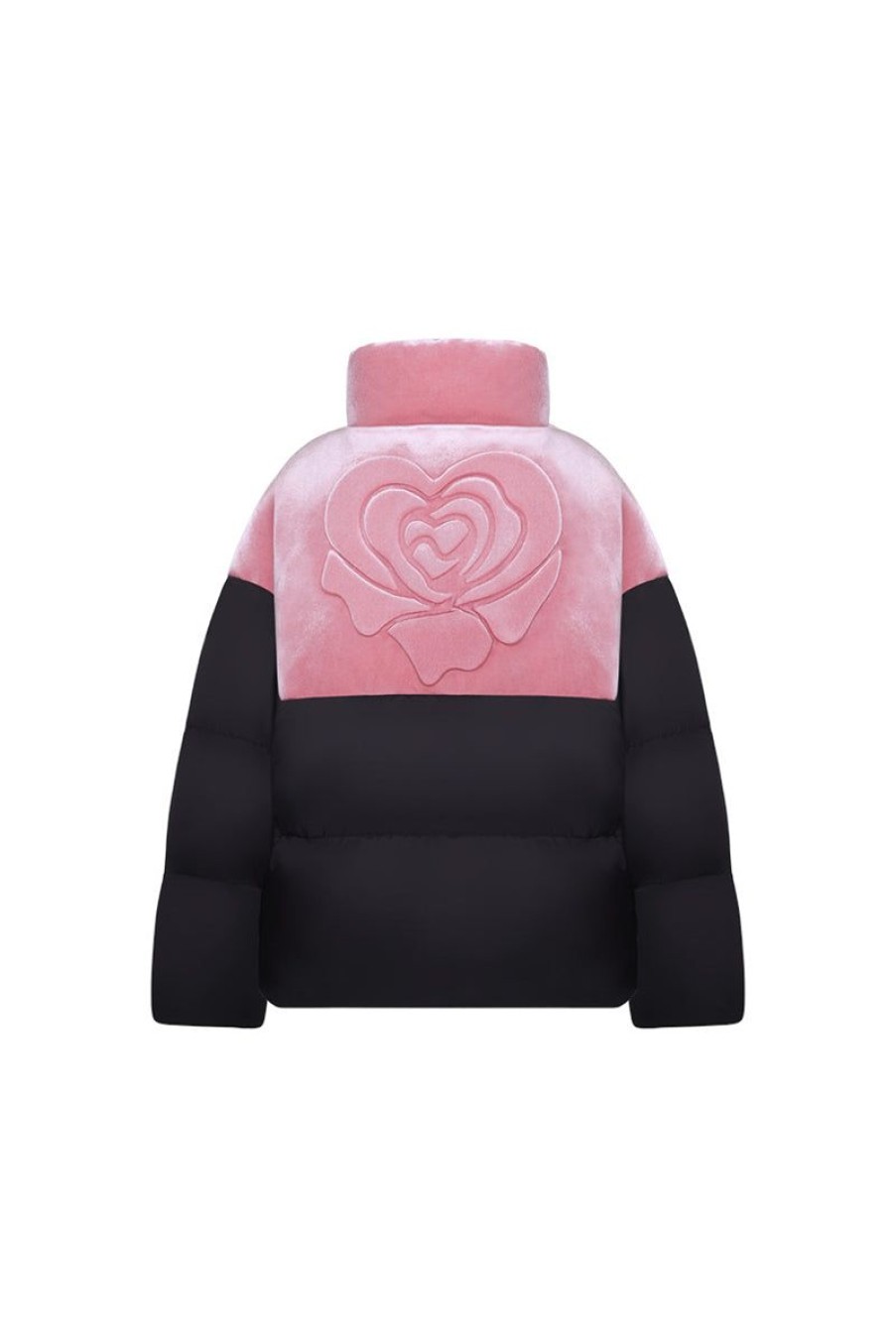 OZLANA Down Puffer Jackets | Melting Rose Heart Contrast Casual Puffer Jacket(Pink+Black)