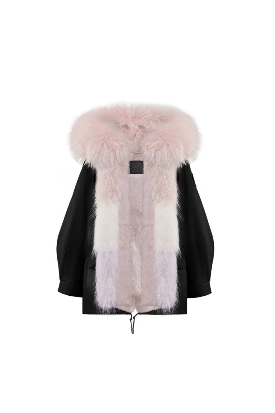 OZLANA Classic & Designer Parkas | Black Oversize Parka +Pink Ice Cream