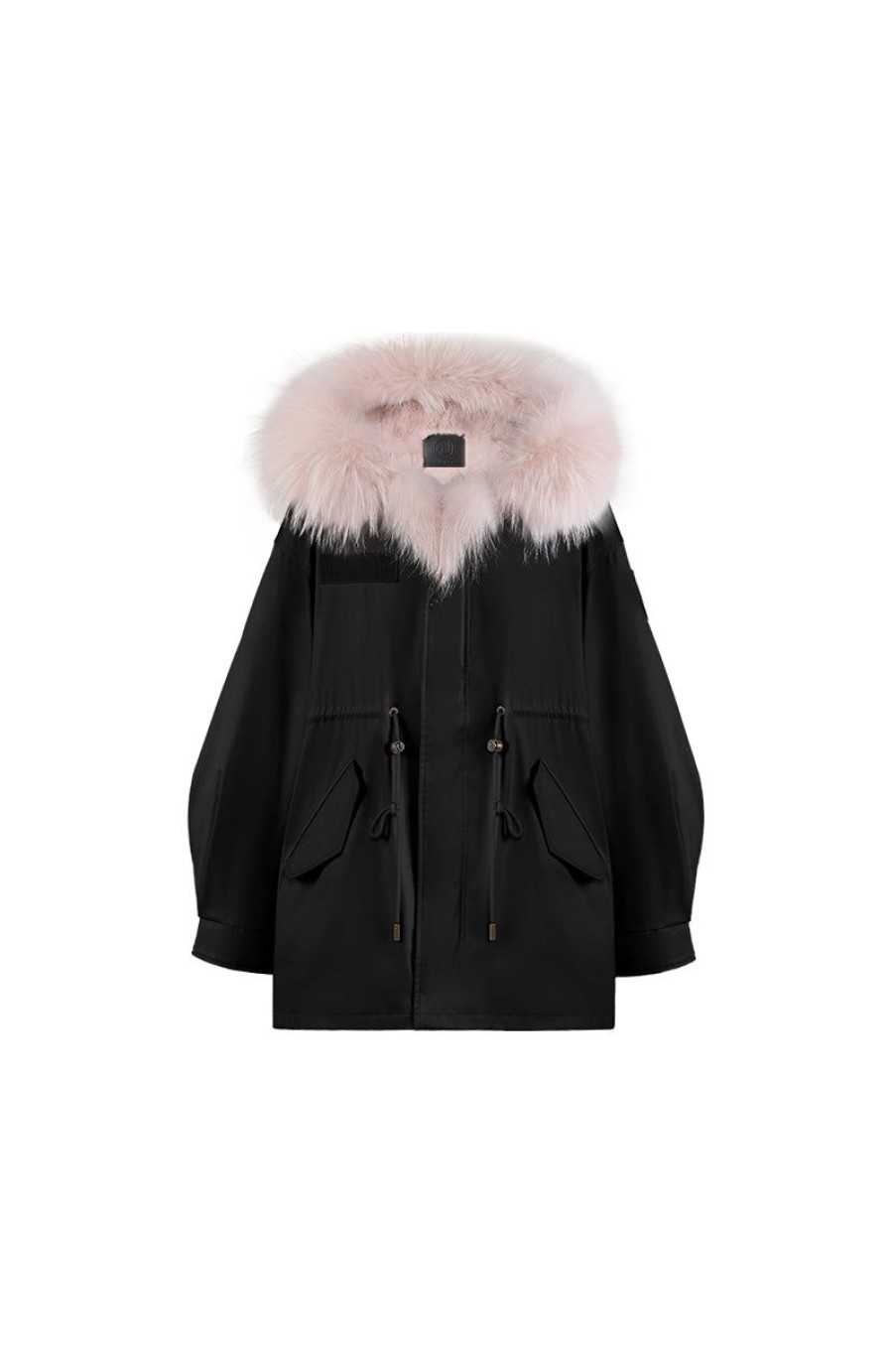 OZLANA Classic & Designer Parkas | Black Oversize Parka +Pink Ice Cream