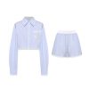 OZLANA Matching Sets | Lace-Contrasted Striped Shirt And Shorts Set(Blue)