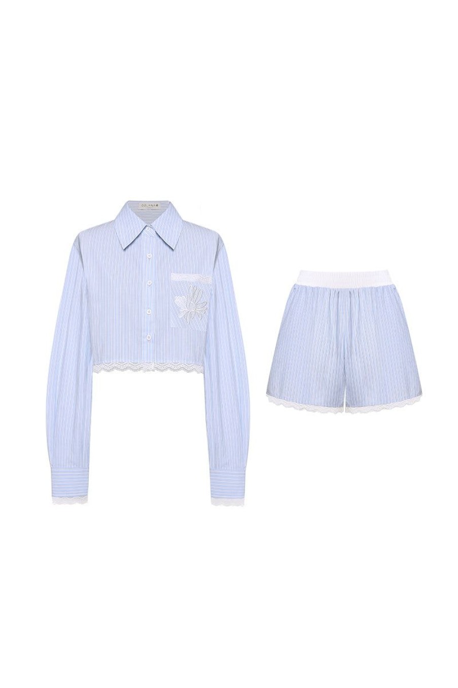 OZLANA Matching Sets | Lace-Contrasted Striped Shirt And Shorts Set(Blue)