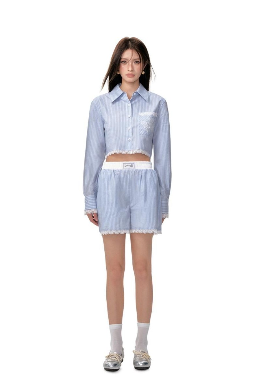 OZLANA Matching Sets | Lace-Contrasted Striped Shirt And Shorts Set(Blue)