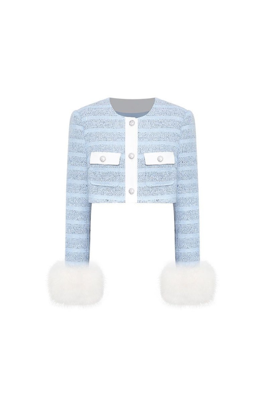 OZLANA Tweeds | Ozln Tweed Jacket With Detachable Faux Fur(Blue)