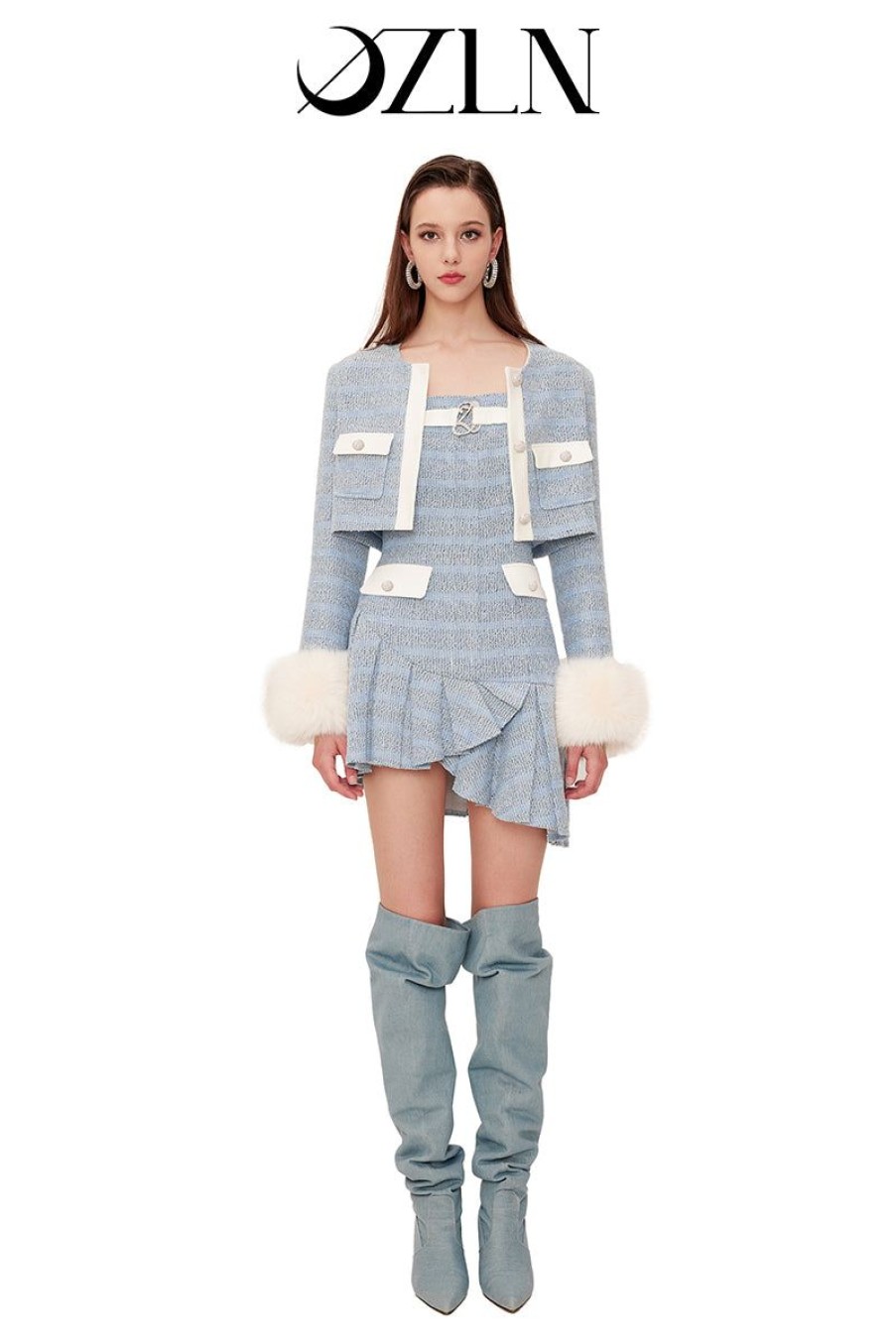 OZLANA Tweeds | Ozln Tweed Jacket With Detachable Faux Fur(Blue)