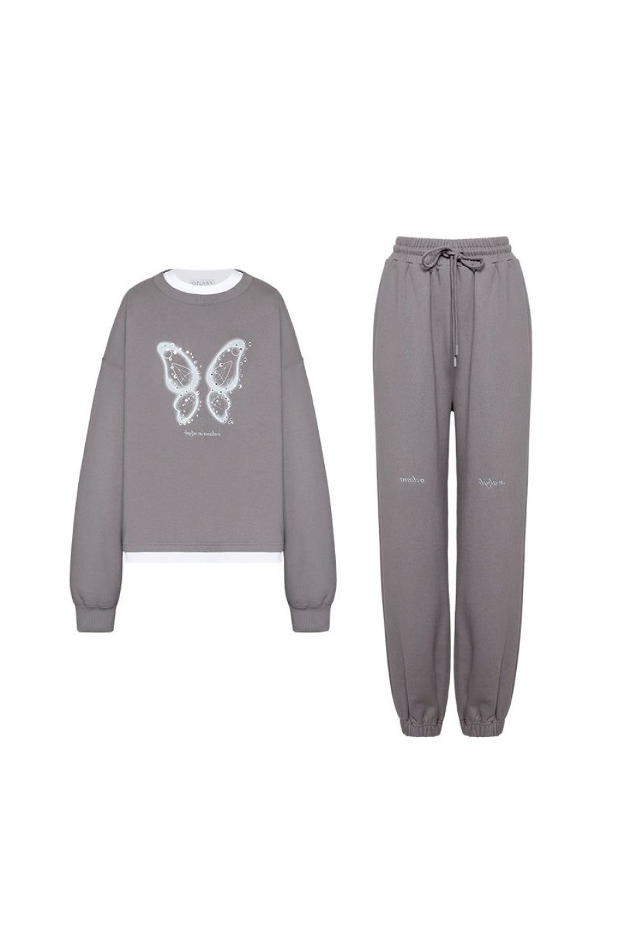 OZLANA Matching Sets | Butterfly Oversized Sweatshirt Set(Grey)