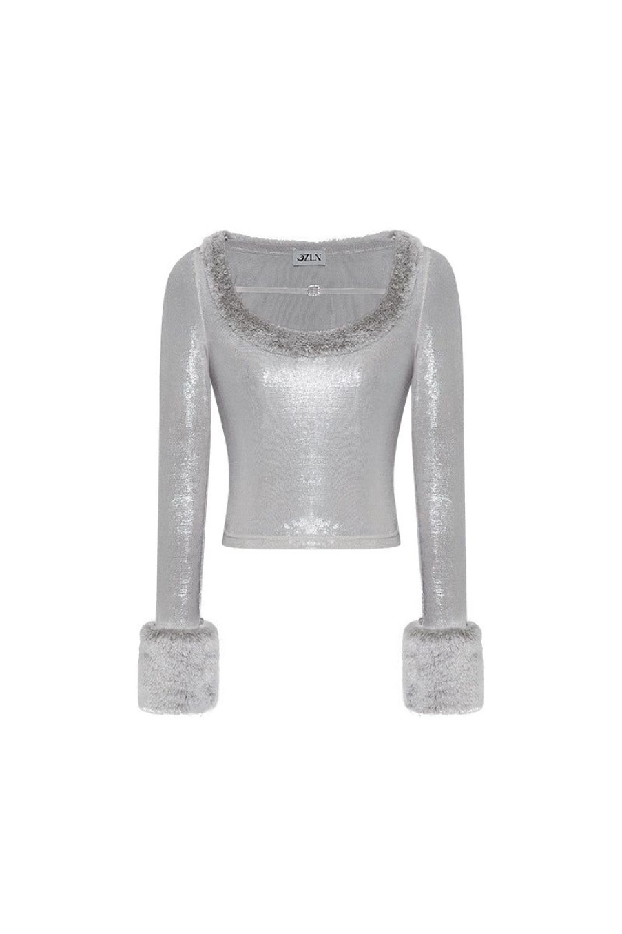 OZLANA Tops | Ozln Detachable Faux Fur Sleeve Crop(Grey)