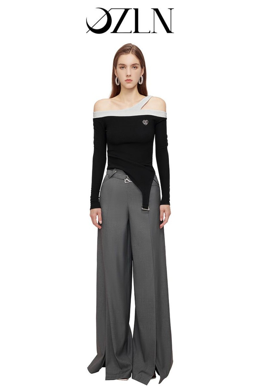 OZLANA Ozln | Ozln Wide Leg Slit Suit Pants(Grey)