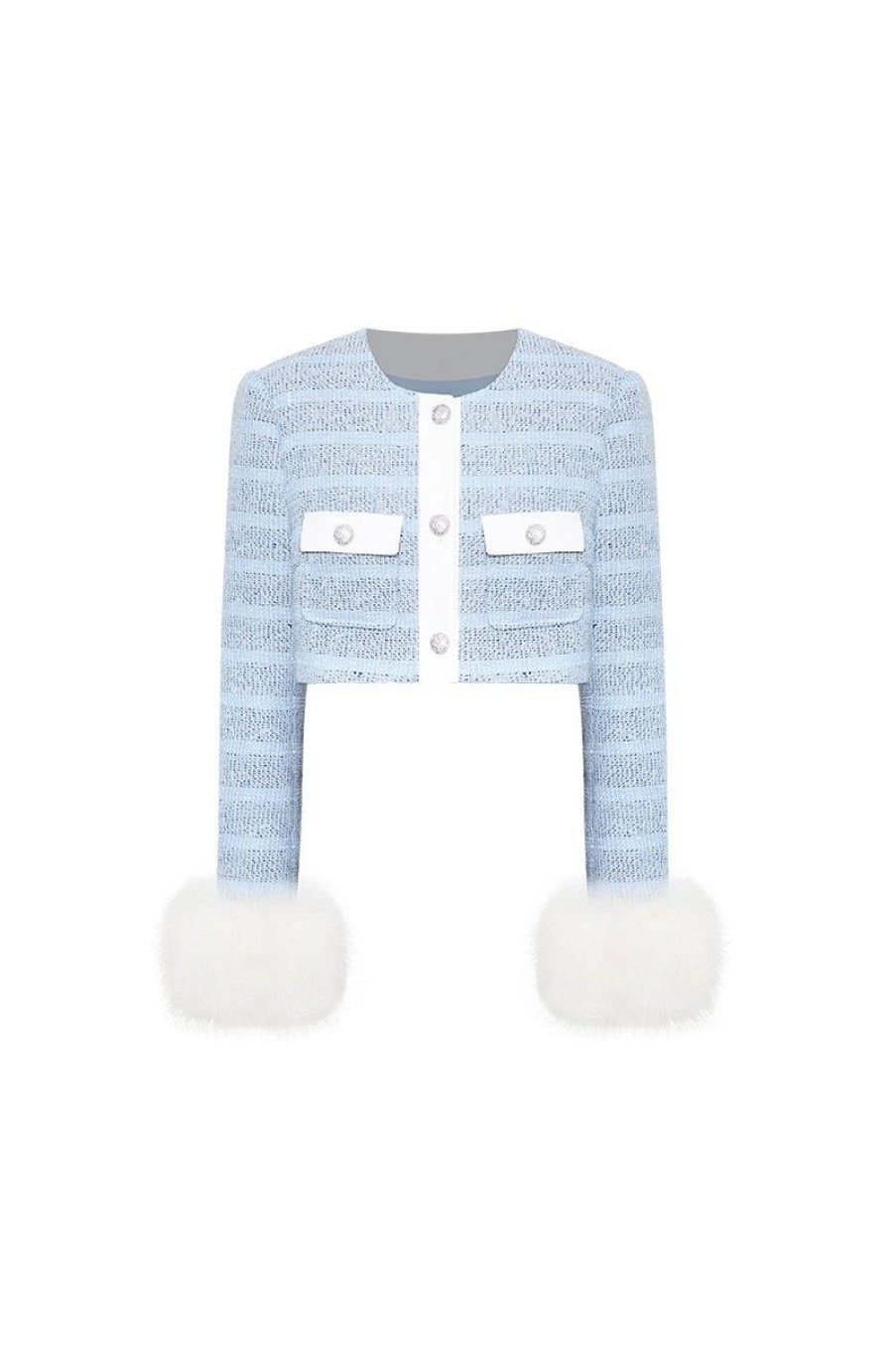 OZLANA Ozln | Ozln Tweed Jacket With Detachable Faux Fur(Blue)