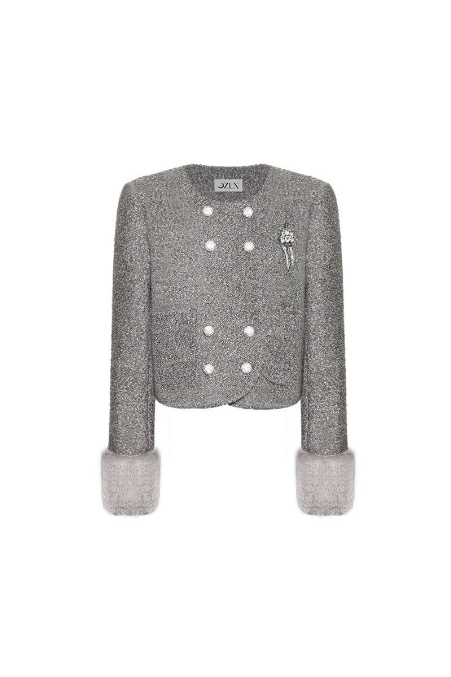 OZLANA Tweeds | Ozln Square Neck Tweed Jacket With Detachable Faux Fur(Grey)