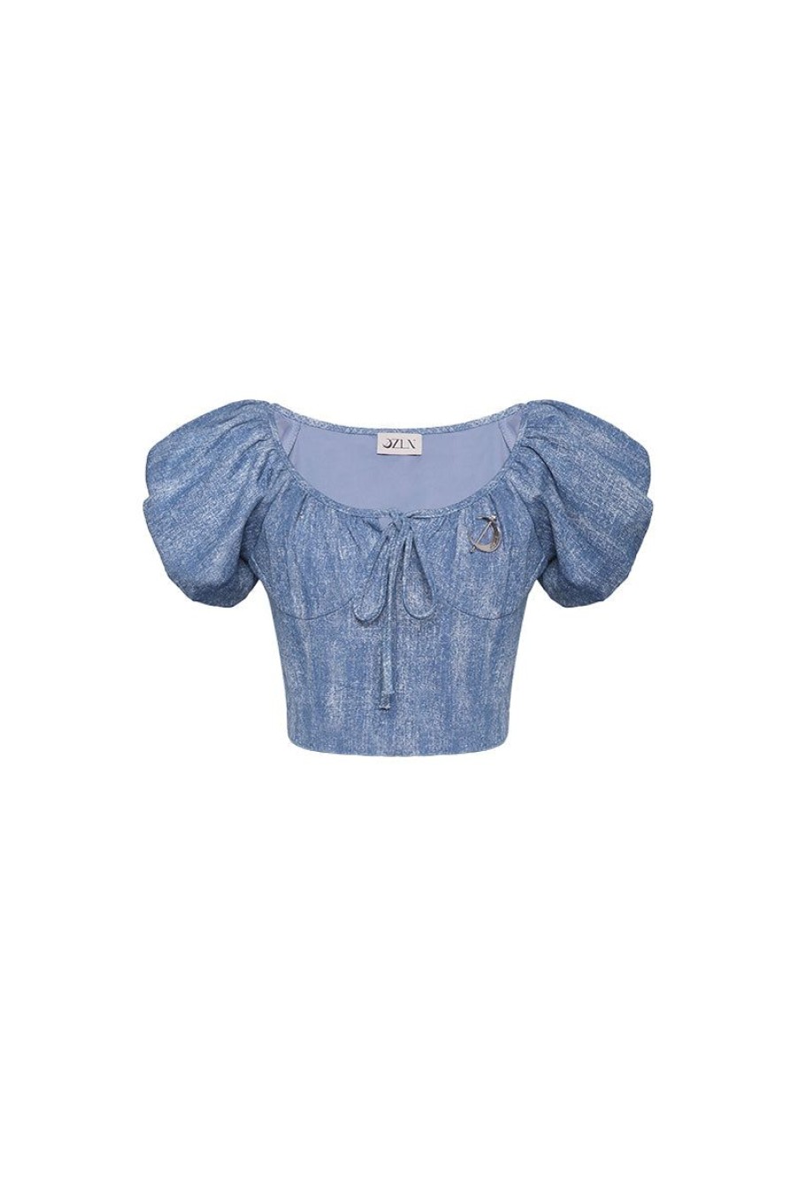 OZLANA Tops | Ozln Puff Sleeve Ruched Cropped Shirt(Blue)