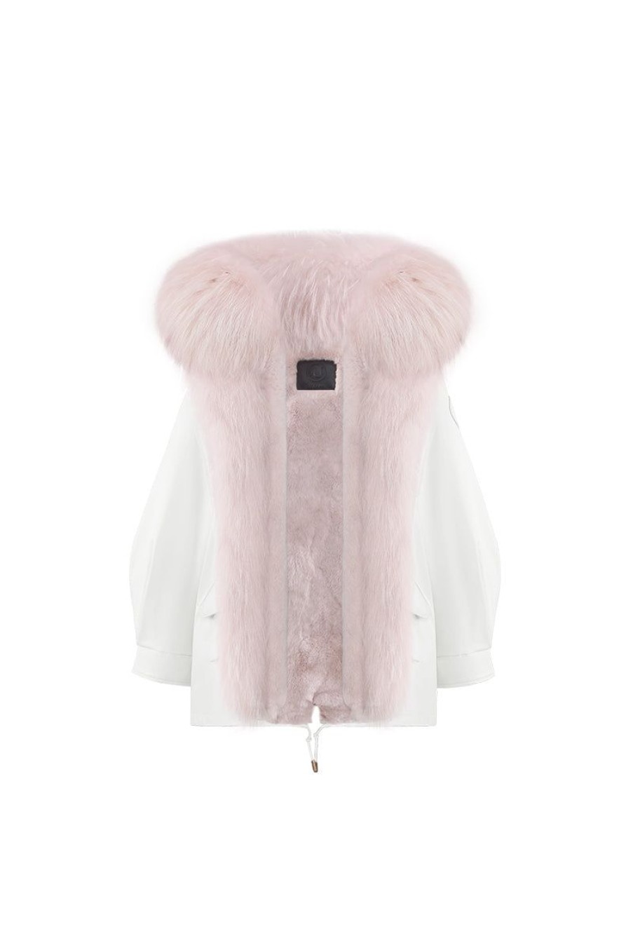 OZLANA Classic & Designer Parkas | White Oversize Parka +Pink Rabbit Fur/Raccoon Fur