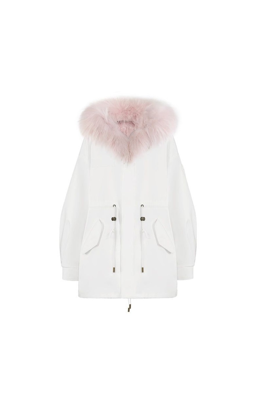 OZLANA Classic & Designer Parkas | White Oversize Parka +Pink Rabbit Fur/Raccoon Fur