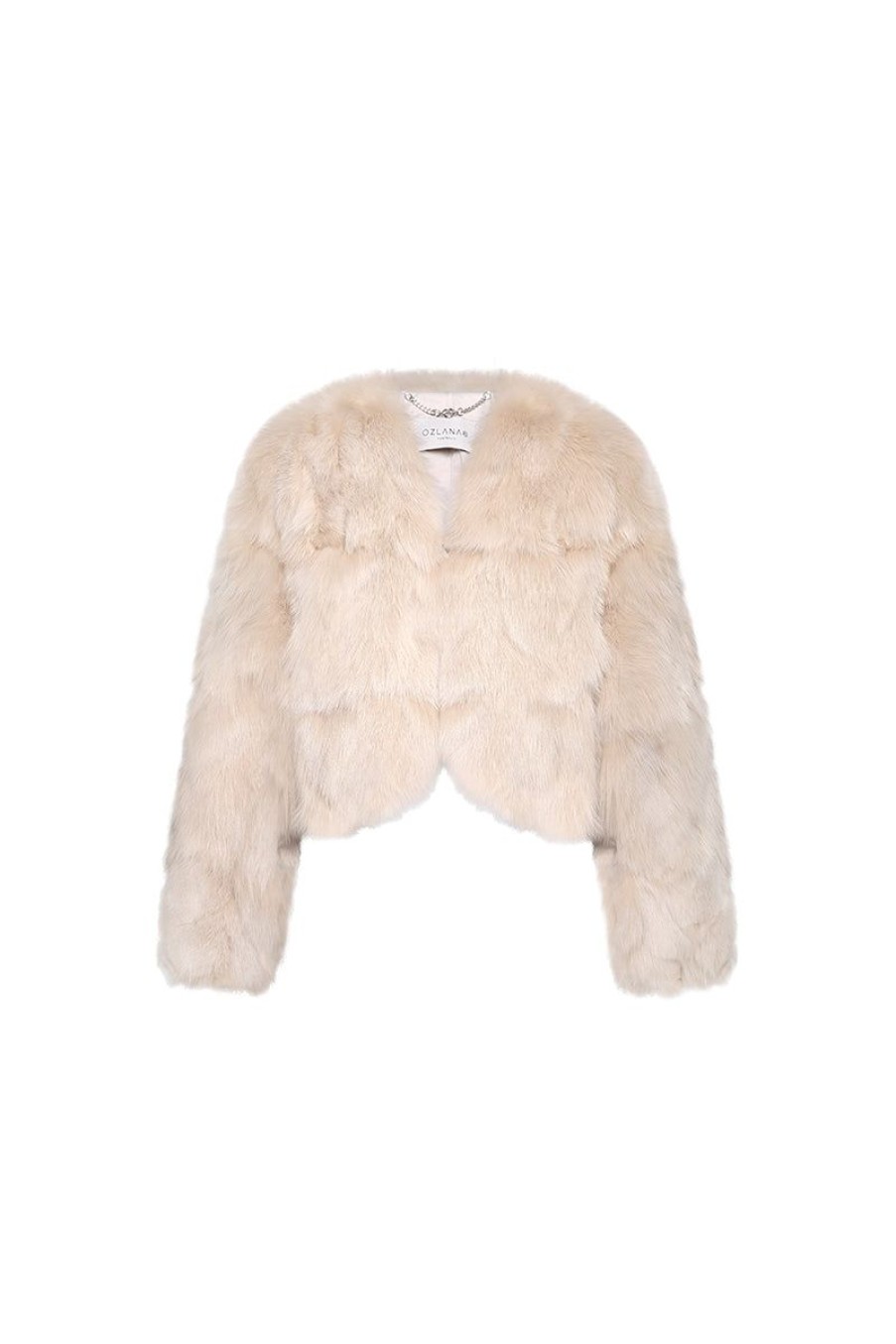 OZLANA Full Fur Jackets | Classic Crop V Neck Fox Fur Jacket (Cream)