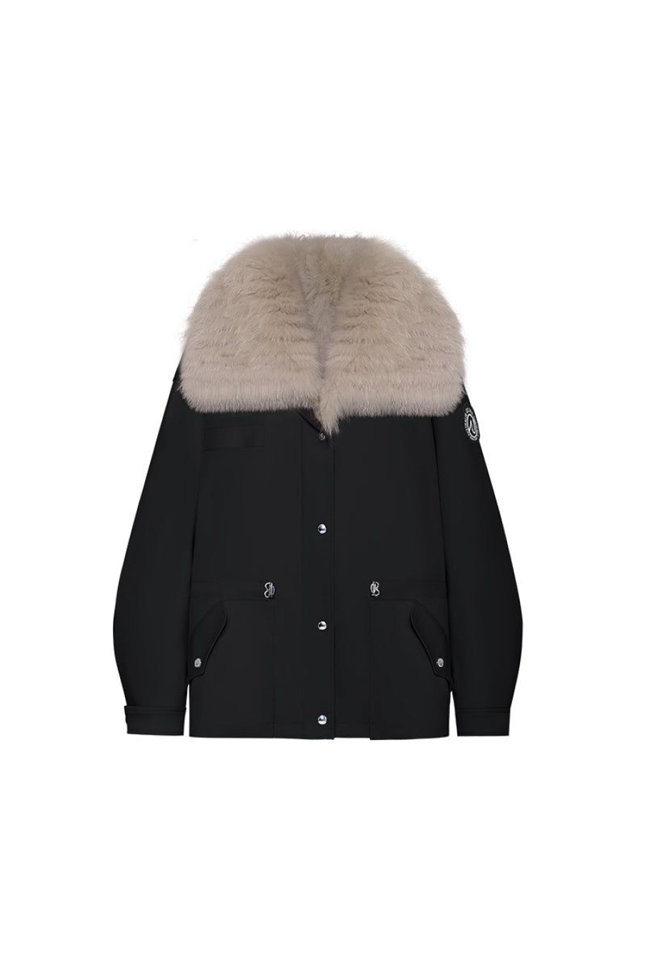 OZLANA Classic & Designer Parkas | Black Transform Parka + Mocha Lapel Fur Coat