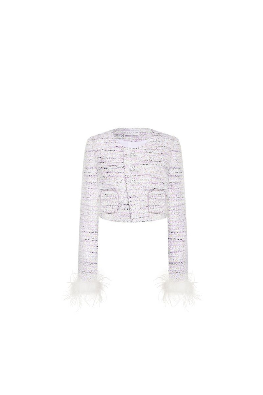 OZLANA Tops | Cropped Feather Tweed Jacket (Cream)