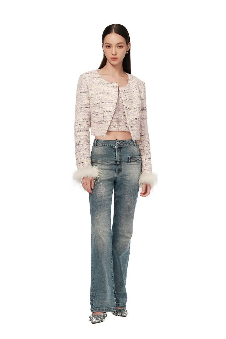 OZLANA Tops | Cropped Feather Tweed Jacket (Cream)