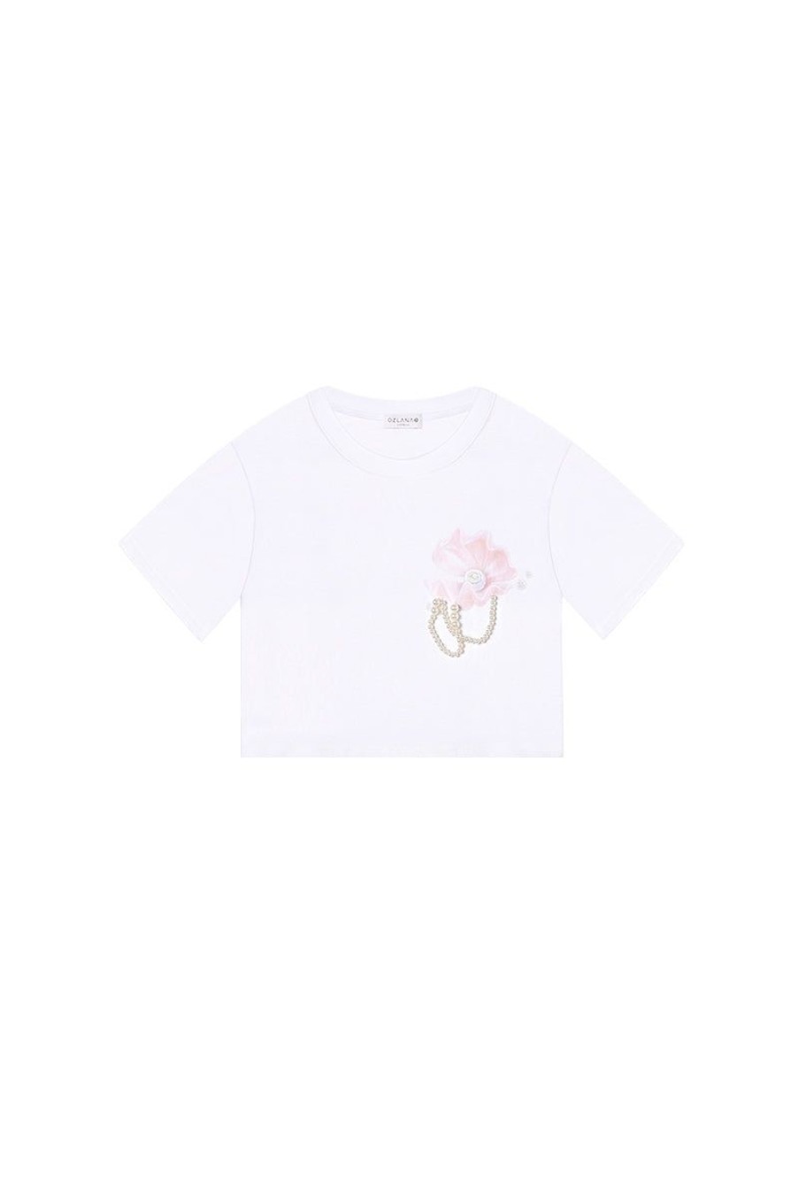 OZLANA Tee Shirts | Shell Pearl Trimed Crop Tee (White)