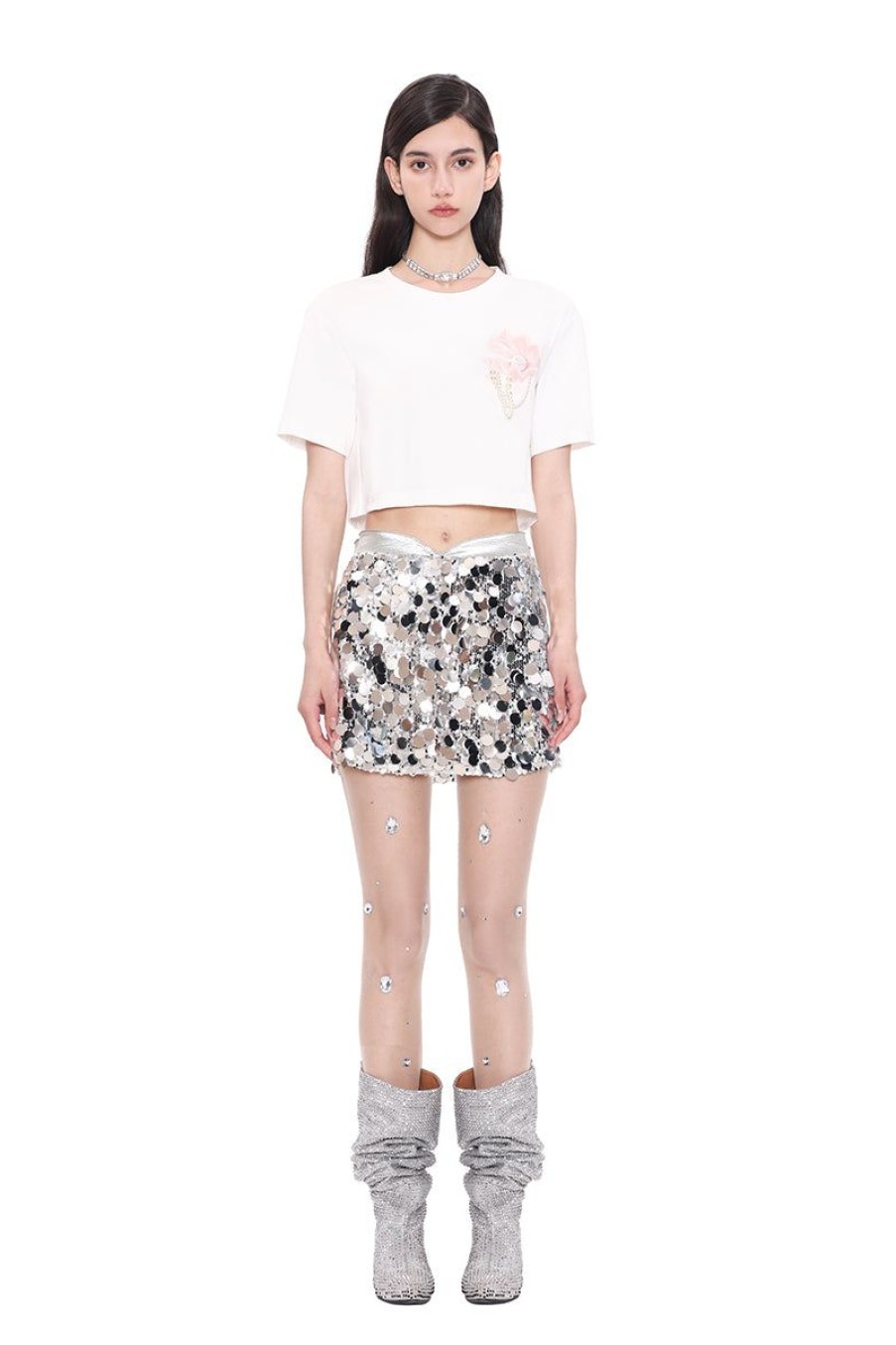 OZLANA Tee Shirts | Shell Pearl Trimed Crop Tee (White)