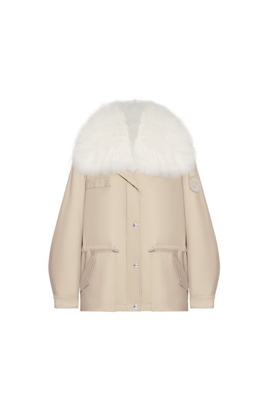 OZLANA Classic & Designer Parkas | Khaki Transform Parka + White Lapel Fox Fur Coat