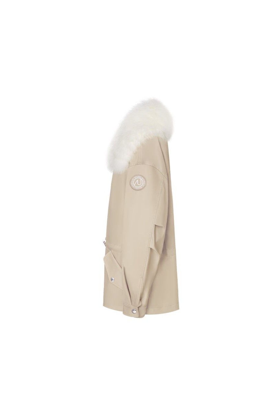 OZLANA Classic & Designer Parkas | Khaki Transform Parka + White Lapel Fox Fur Coat