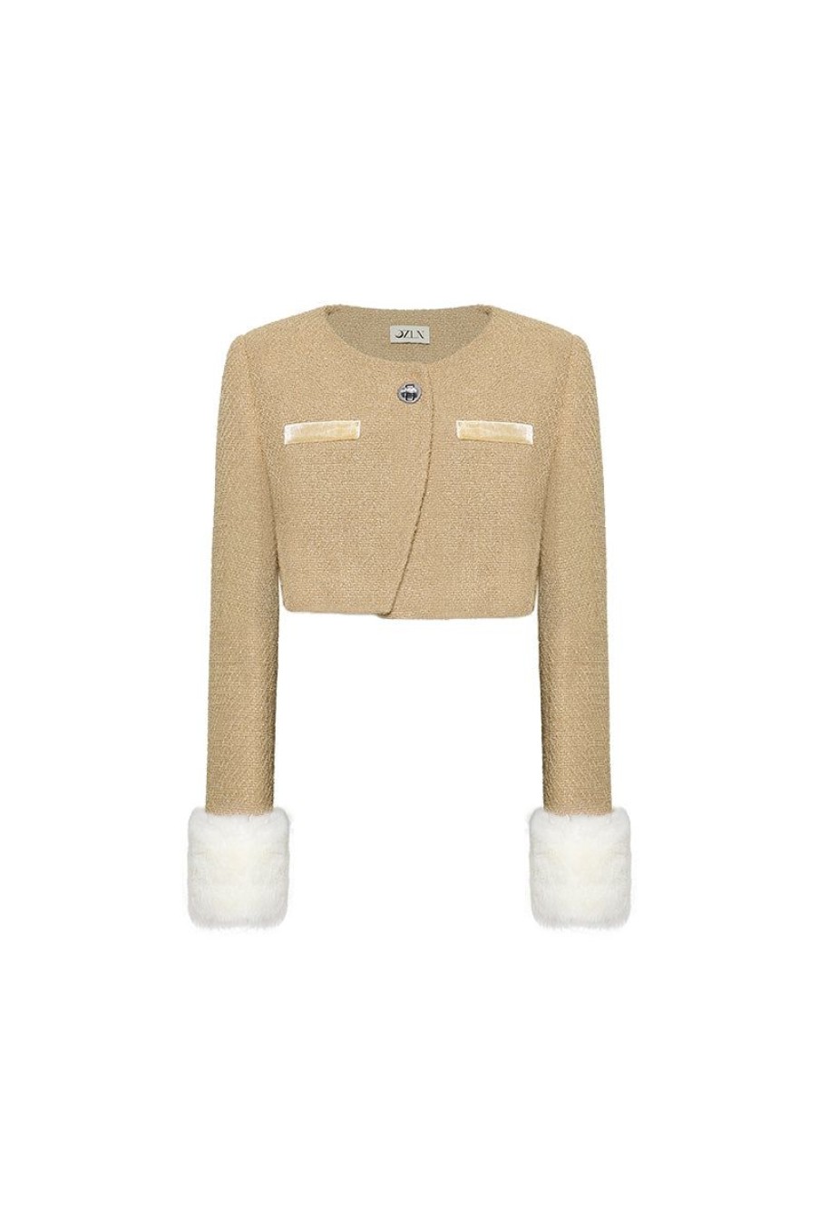 OZLANA Ozln | Ozln Detachable Faux Fur Sleeve Glitz Tweed Jacket(Camel)