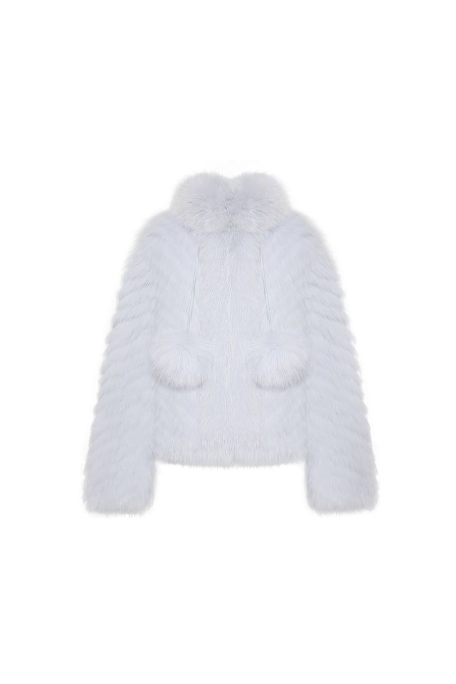 OZLANA Full Fur Jackets | Pom Pom Collar Fox Fur Jacket(Blue)