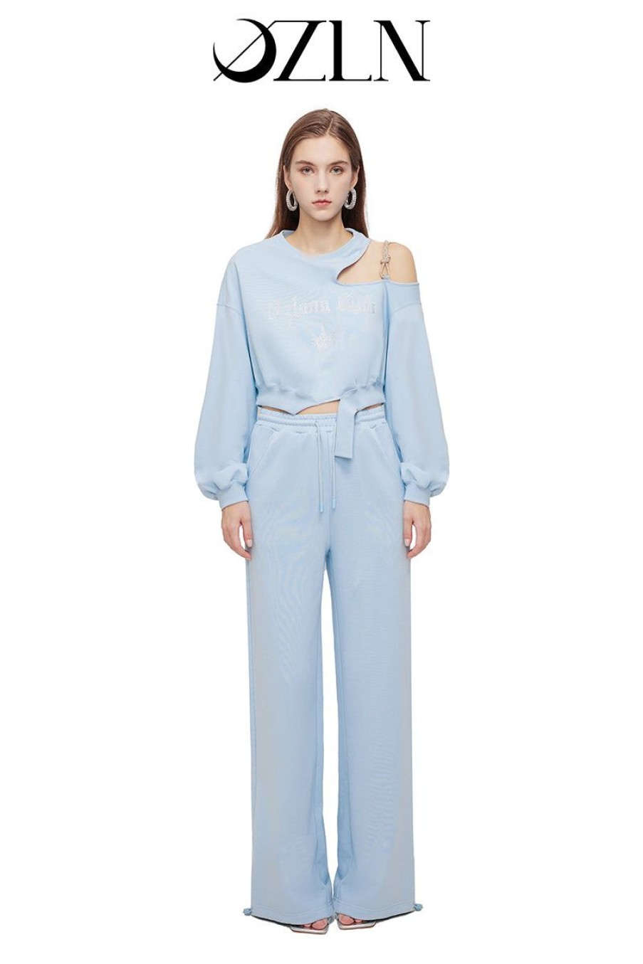 OZLANA Ozln | Ozln Club Crystal Off Shoulder Lounge Suit Ozln Club(Blue)