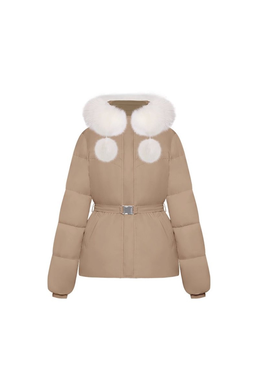 OZLANA Down Puffer Jackets | Pom Pom Fur Collar Down Jacket(Camel)