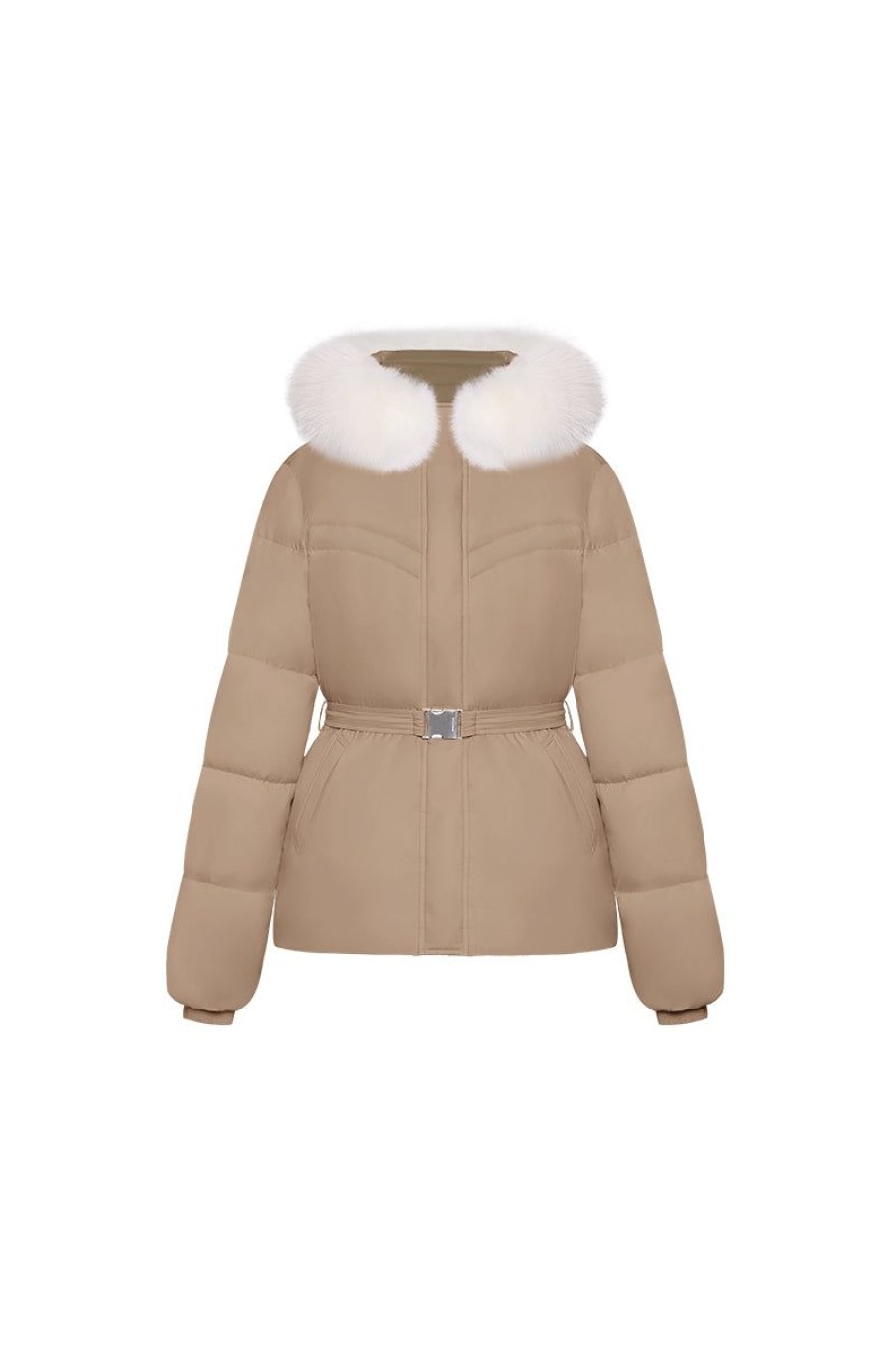 OZLANA Down Puffer Jackets | Pom Pom Fur Collar Down Jacket(Camel)