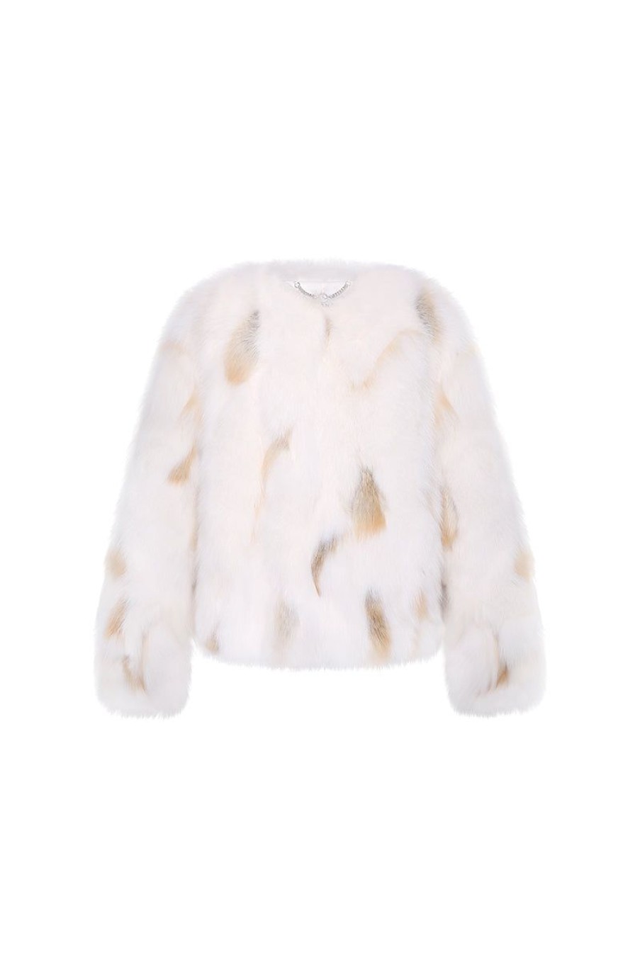 OZLANA Full Fur Jackets | Spotlight Round Neck Fox Fur Jacket (Cream White)