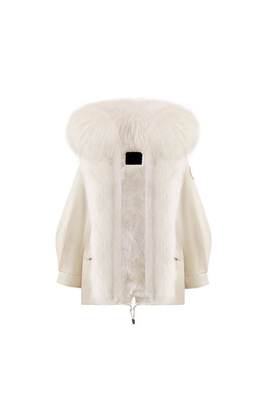 OZLANA Classic & Designer Parkas | Cream Whiteoversize Parka+Cream White Rabbit Fur/Raccoon Fur