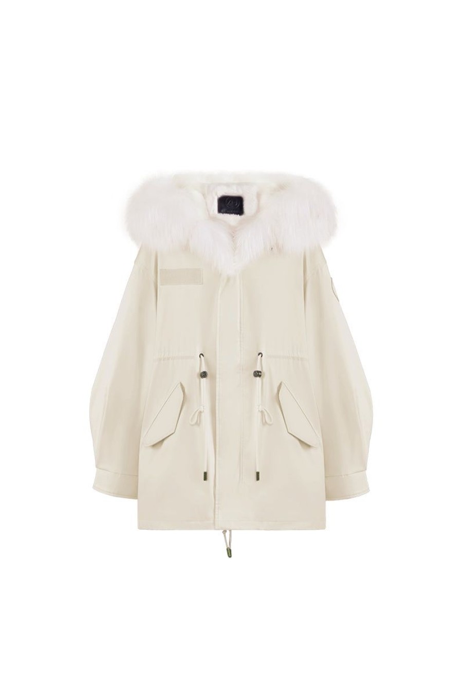 OZLANA Classic & Designer Parkas | Cream Whiteoversize Parka+Cream White Rabbit Fur/Raccoon Fur