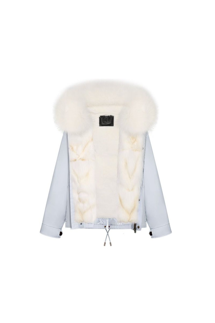 OZLANA Classic & Designer Parkas | Airy Blueshort Oversize Parka+White Snow Fox