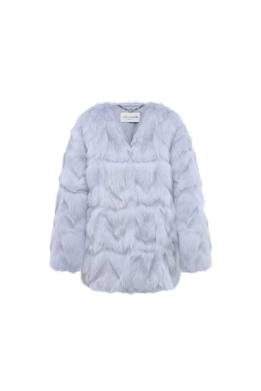 OZLANA Full Fur Jackets | Classic Round Neck Longline Fox Fur Jacket (Blue)