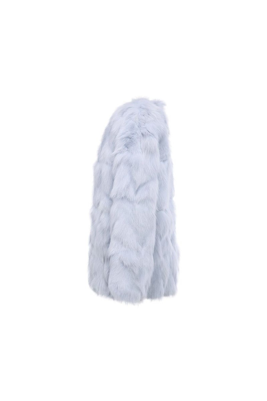 OZLANA Full Fur Jackets | Classic Round Neck Longline Fox Fur Jacket (Blue)