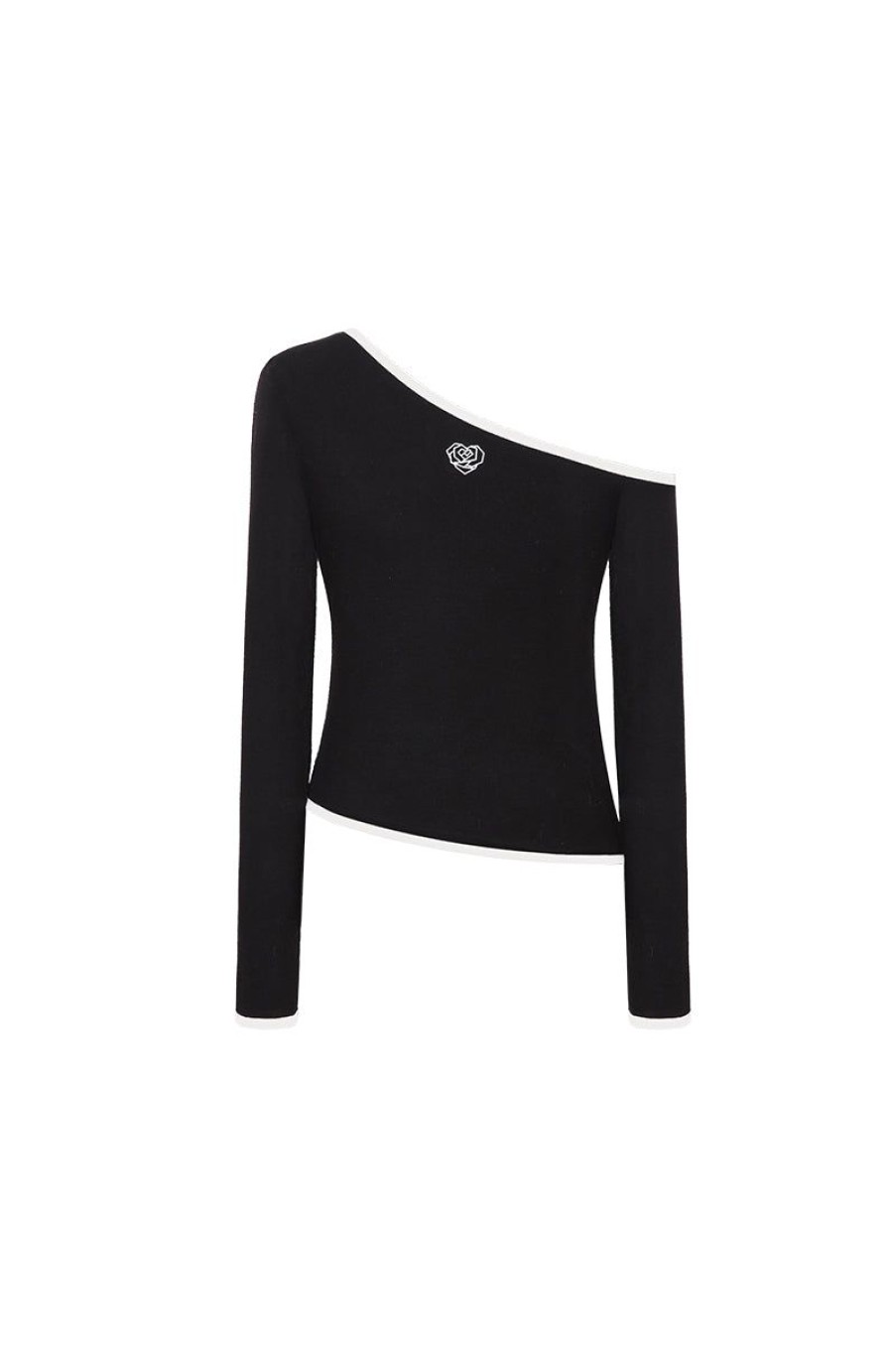 OZLANA Tops | Ozln Slant Off Shoulder Knit Top(Black)