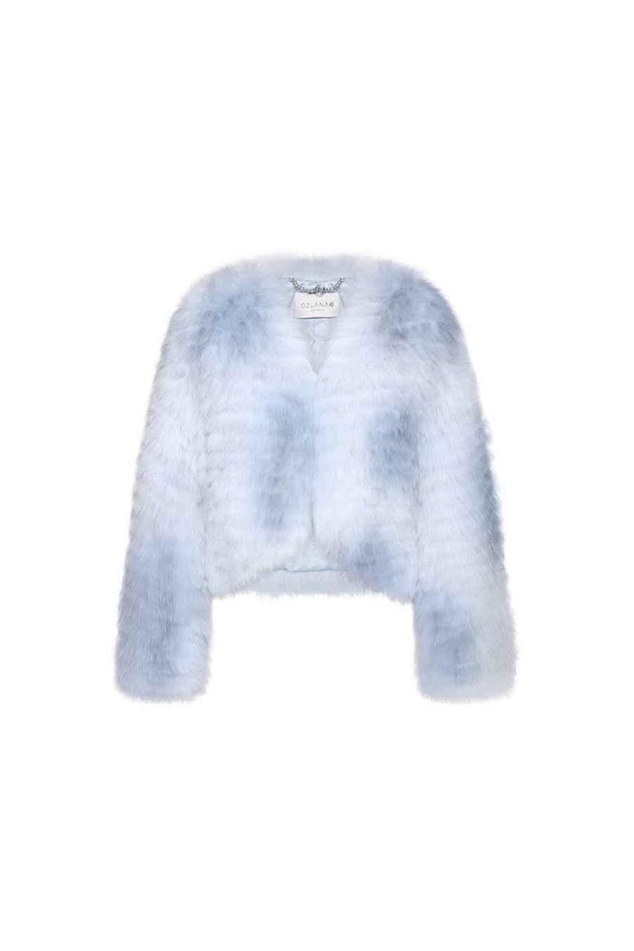 OZLANA Full Fur Jackets | Rose Sherbet Wide Lapel Crop Fox Fur Jacket(Blue)