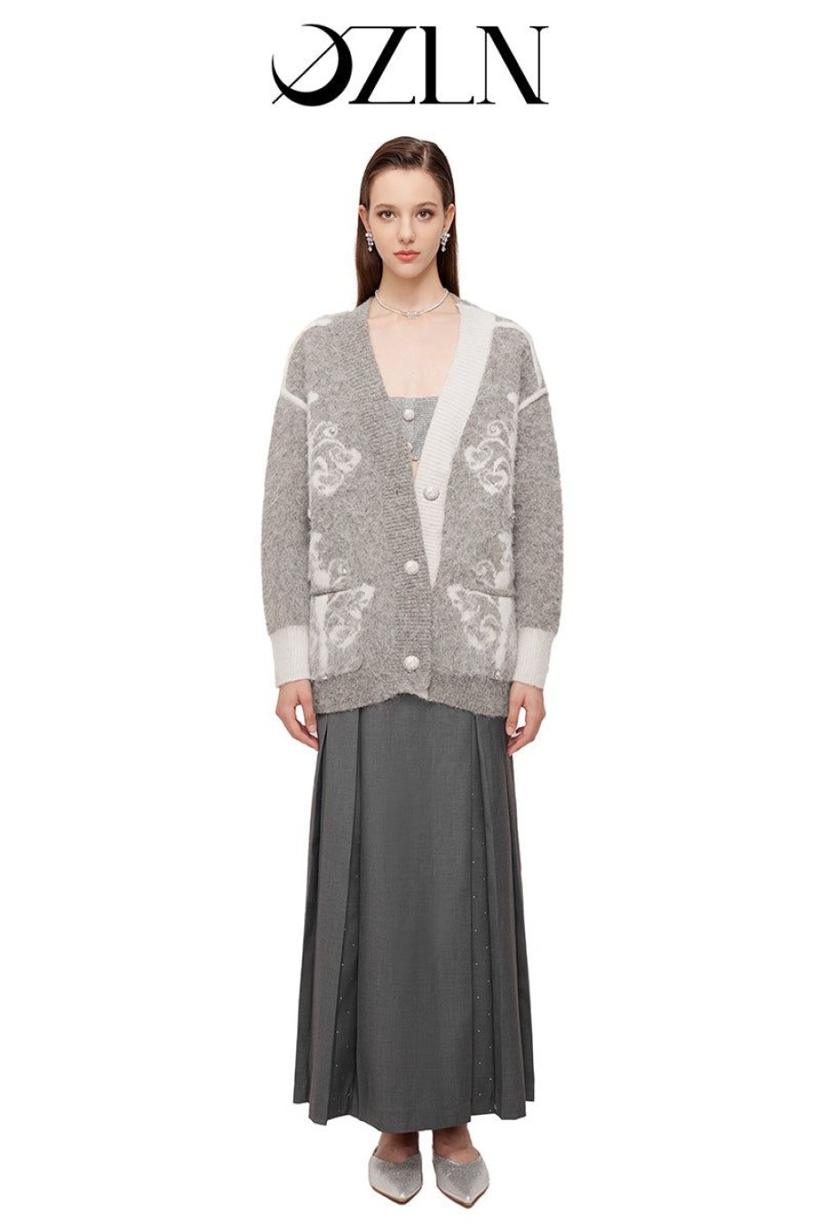 OZLANA Knits | Ozln Asymmetric Chandelier Knit Cardigan(Grey)